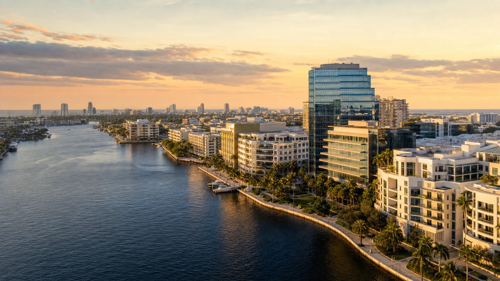 Fort Lauderdale waterfront and commercial skyline at golden hour