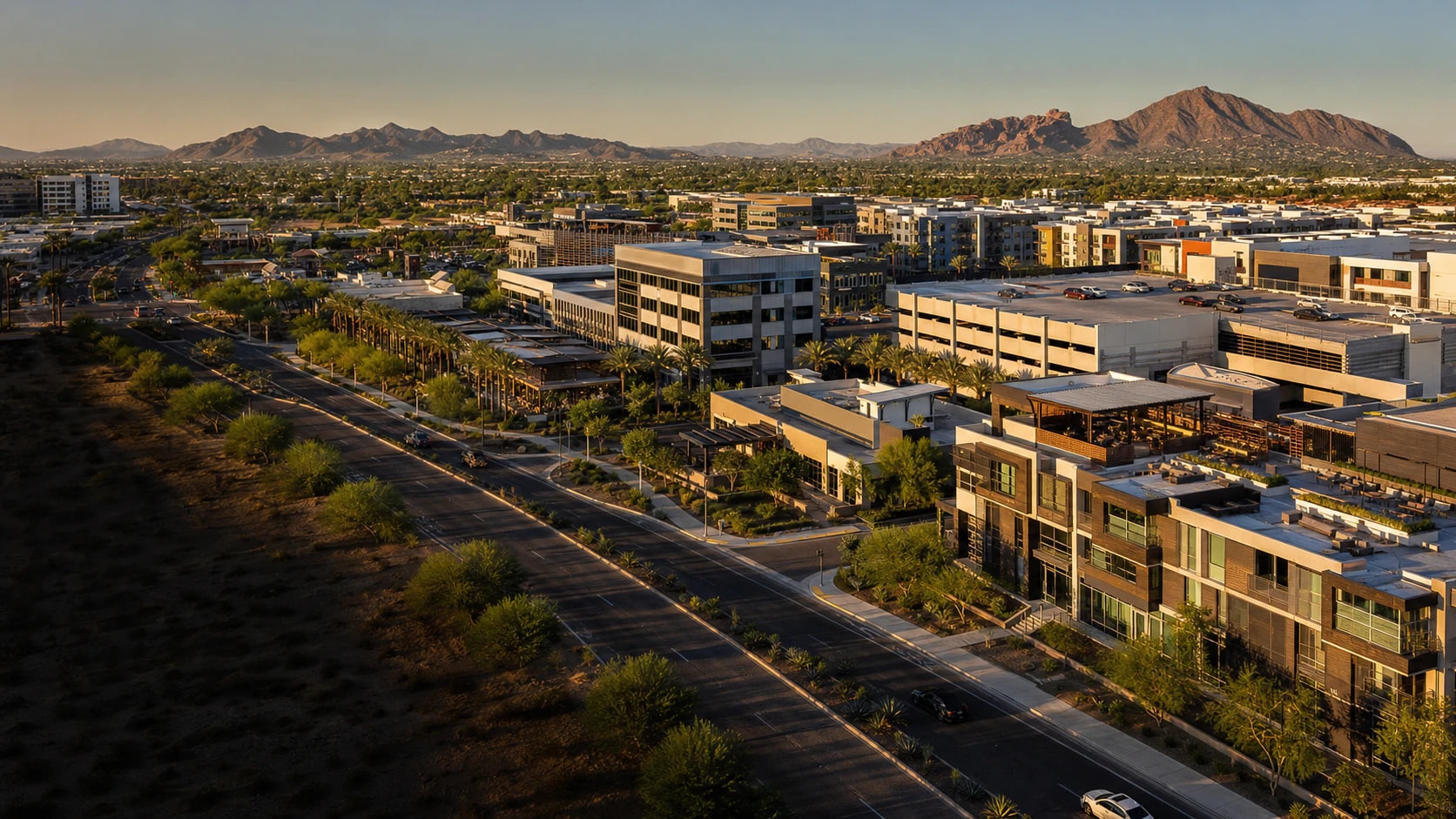 Mixed-use commercial real estate district in greater Phoenix at golden hour
