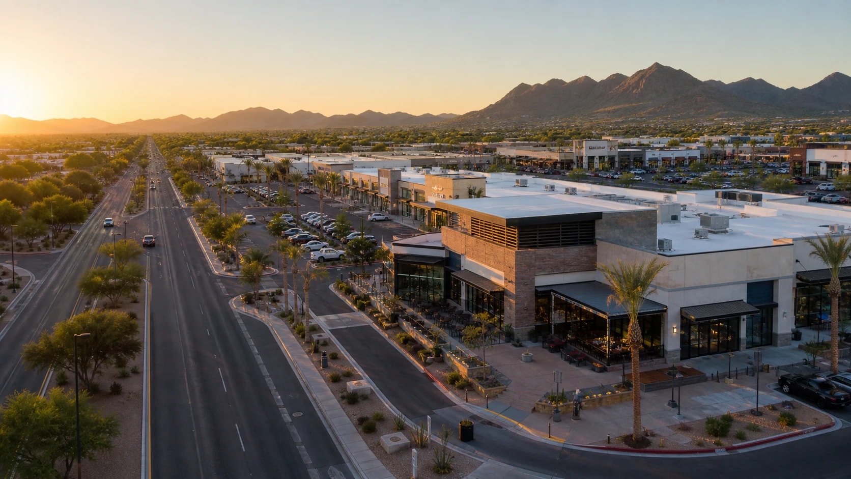 Phoenix commercial retail corridor at golden hour